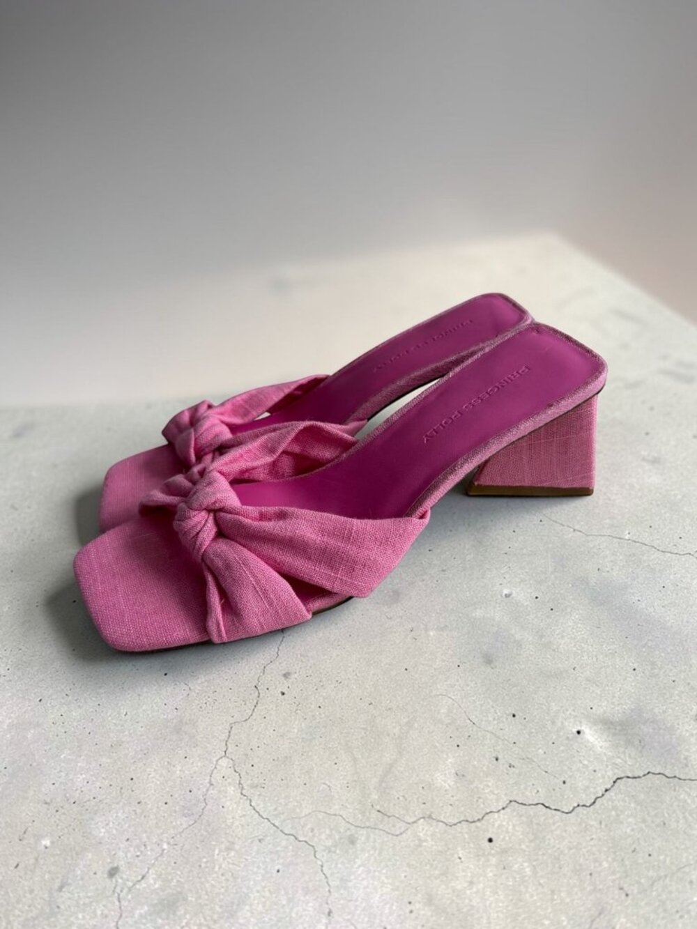 PRINCESS POLLY Pink Linen Knot Heels Sandals Sz 8